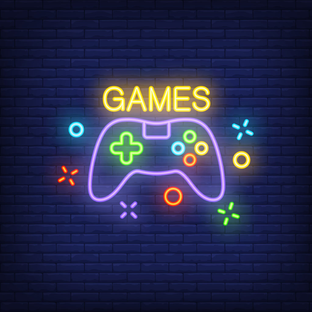 Console with Games lettering. Neon sign on brick background